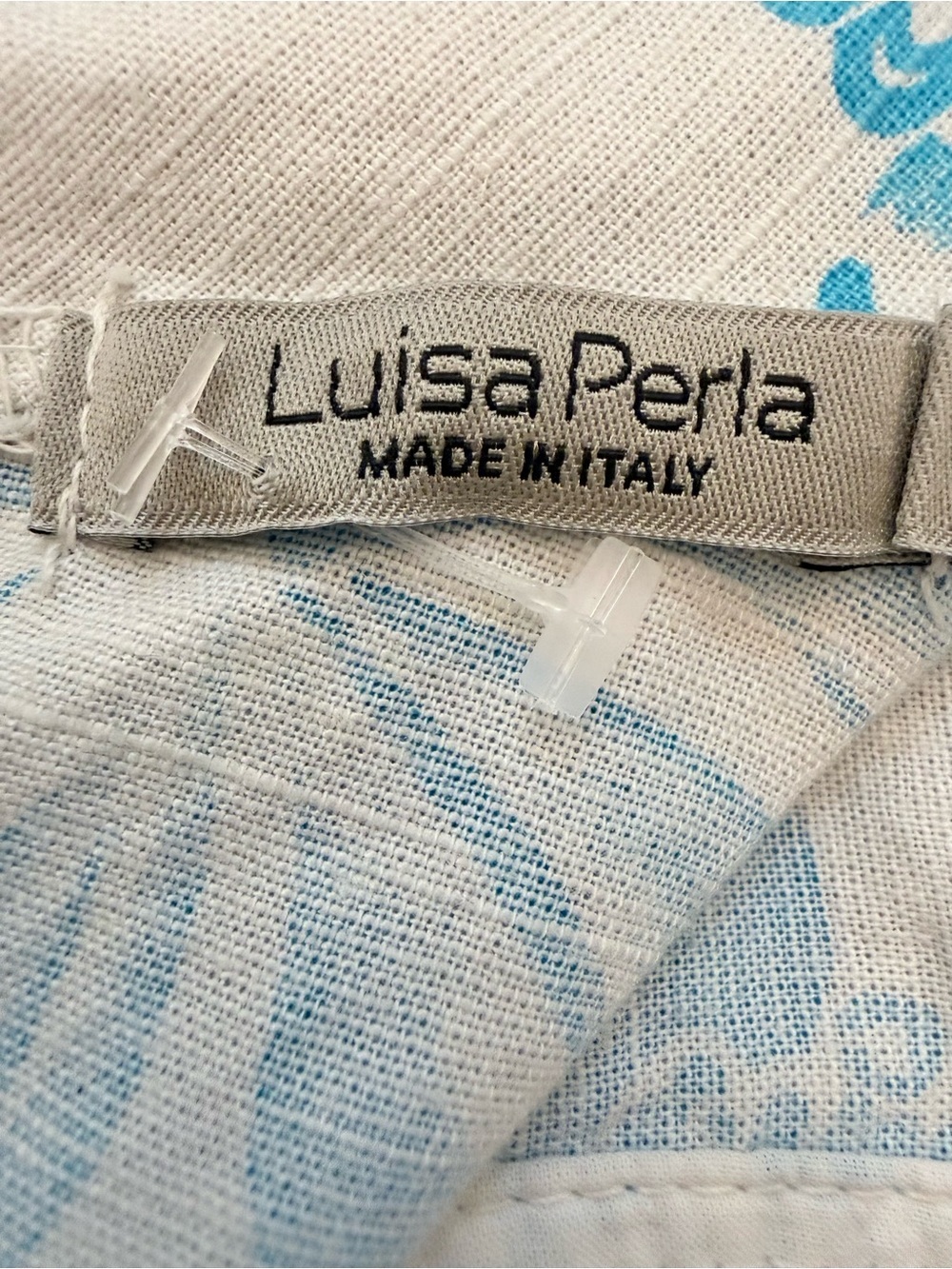 Luisa Perla Blue White Floral Linen Blend Shift Dress Sleeveless Cowl Neck Large - Picture 9 of 11